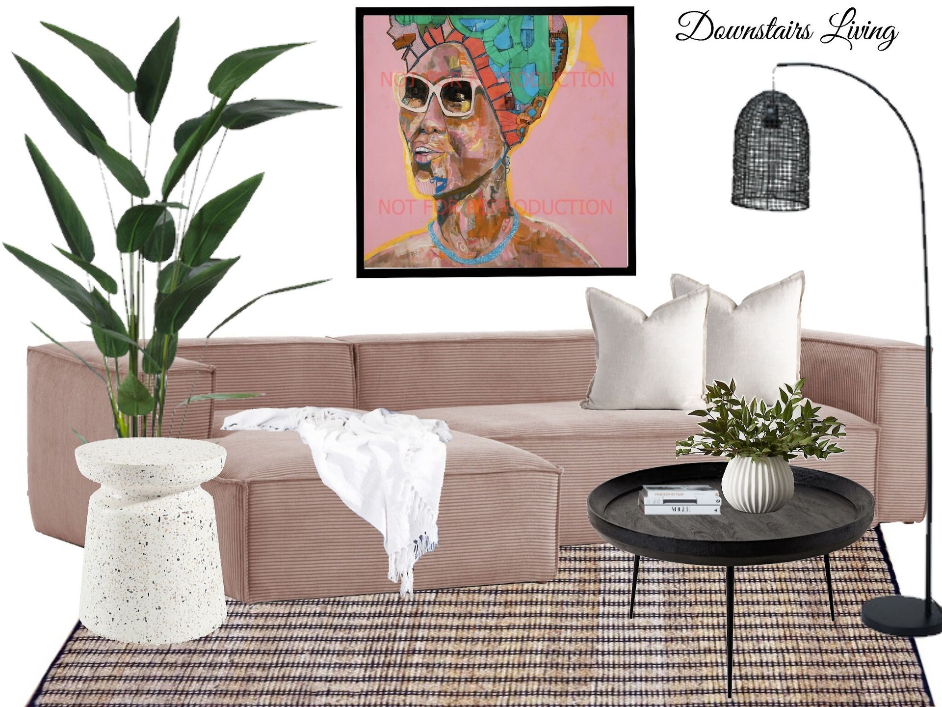 A living room with a pink couch , a coffee table , a plant , and a painting on the wall.