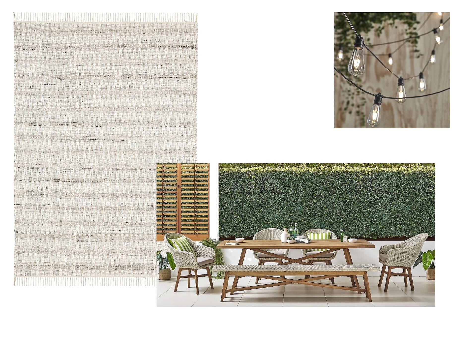 A collage of pictures of a patio with a table and chairs.