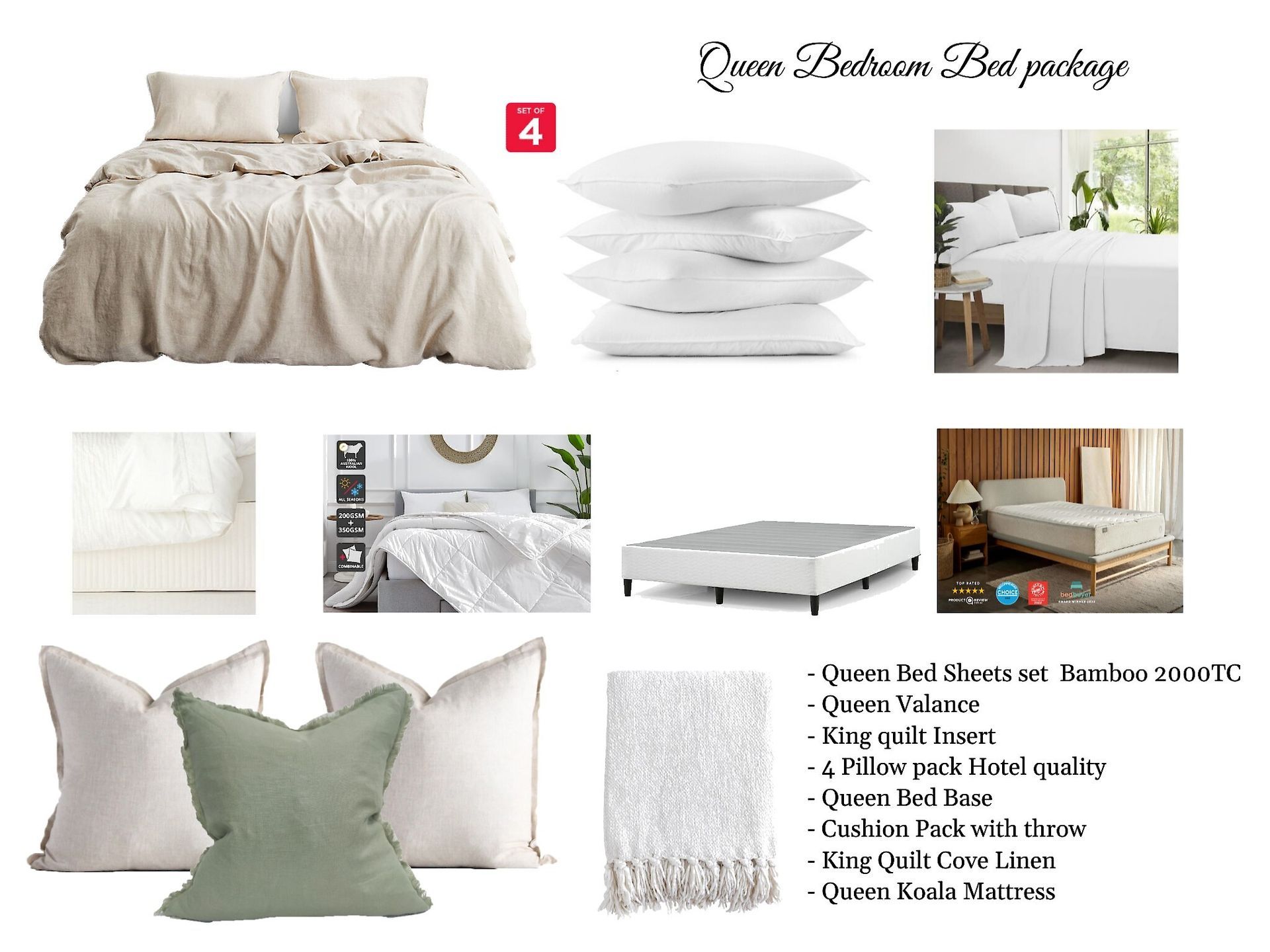 A bedroom with a bed , pillows , blankets and a mattress.