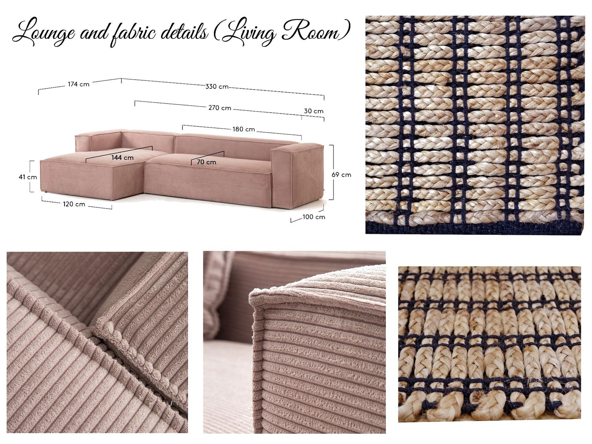 A picture of a couch with the words lounge and fabric details living room