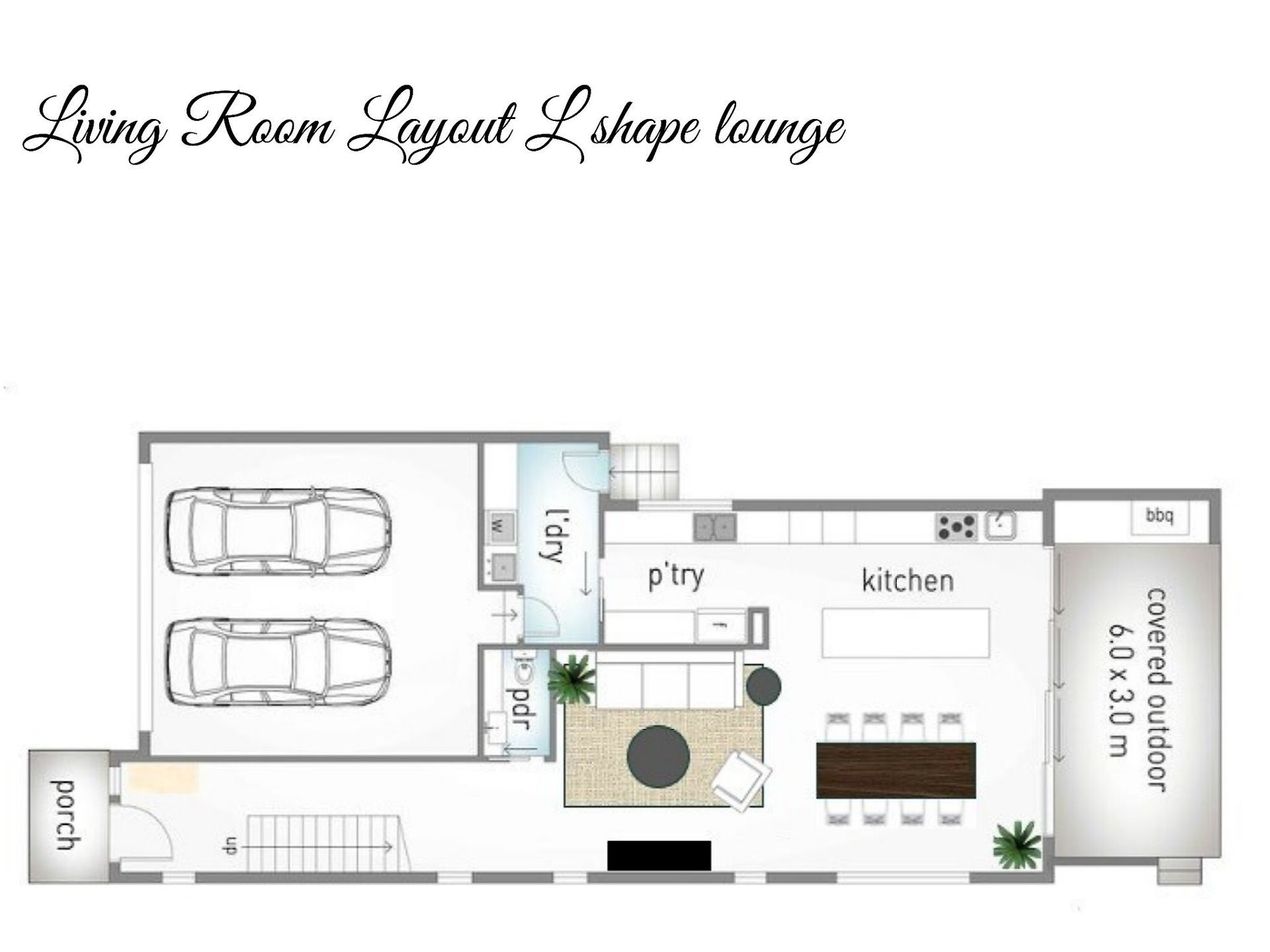 A floor plan of a living room layout l shape lounge.