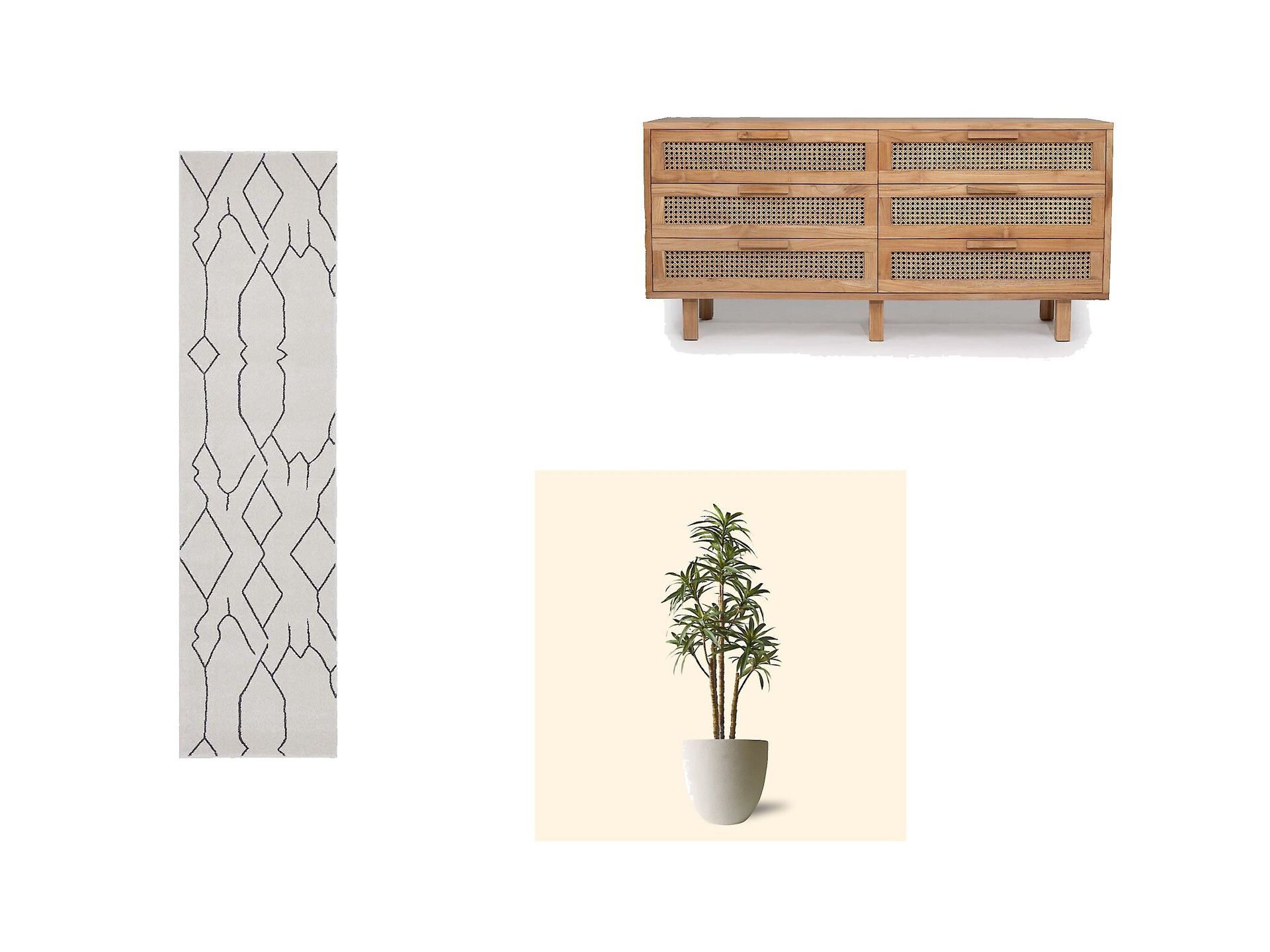 A picture of a dresser , a plant , and a wall paper.