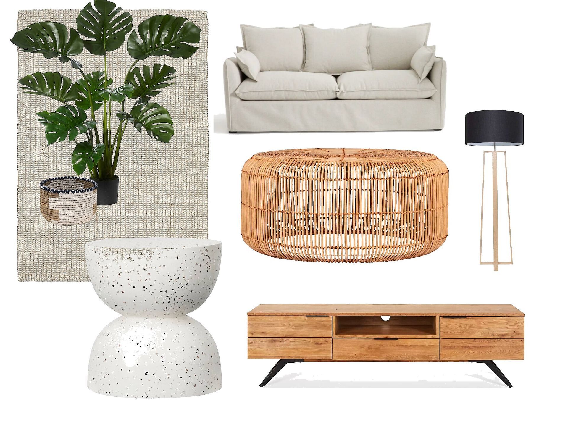 A living room with a couch , table , lamp , and plant.