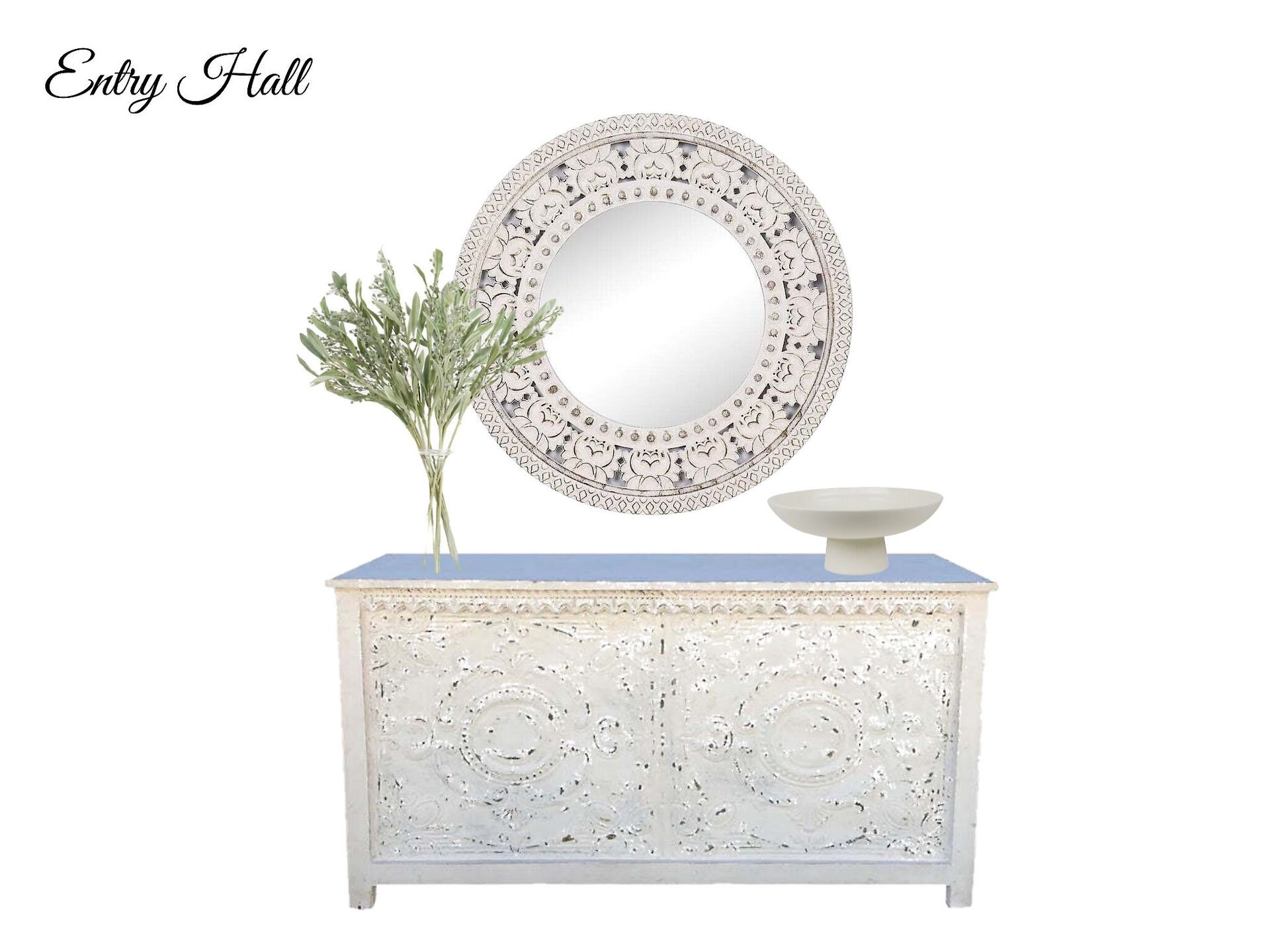 A white dresser with a mirror and a plant on it