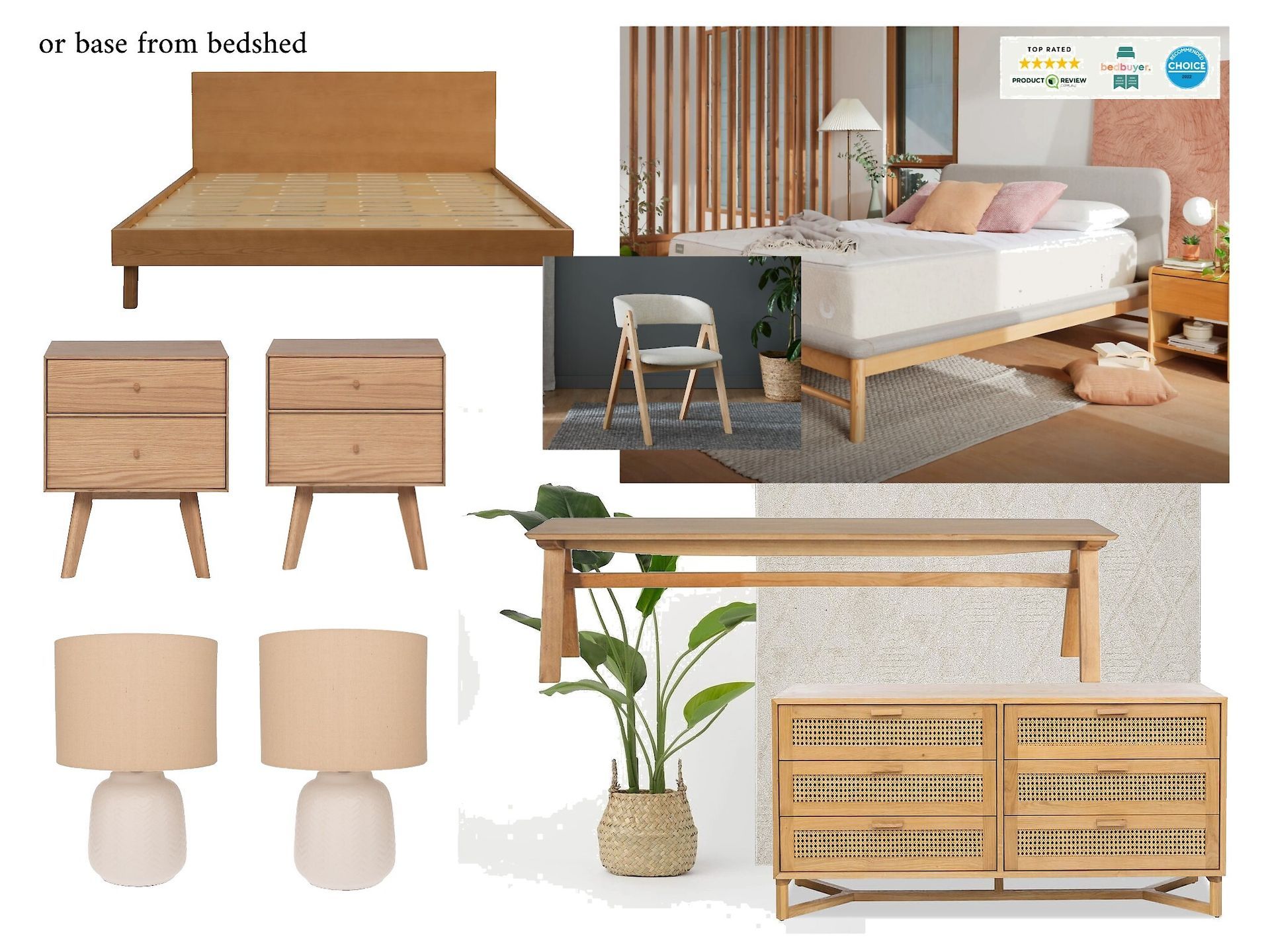 A bedroom with a bed , nightstands , lamps and a bench