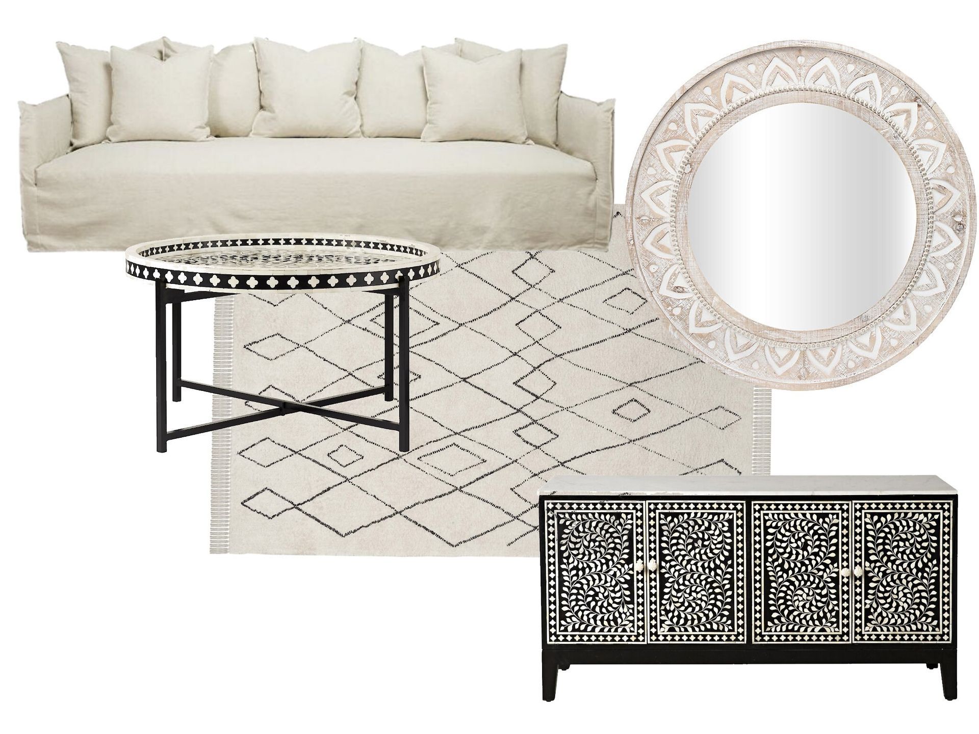 A living room with a couch , table , rug and mirror.