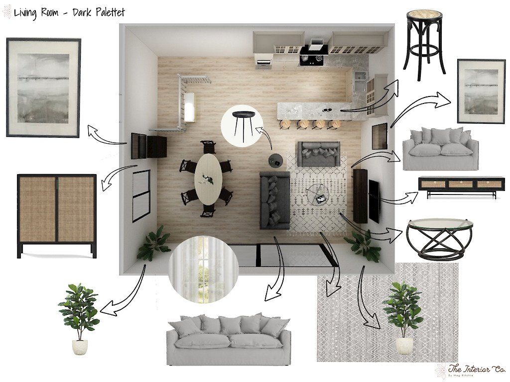 An aerial view of a living room with furniture and plants.