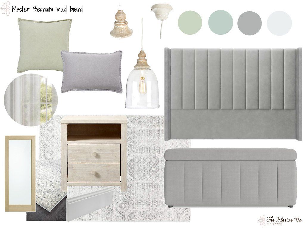 A bedroom with a bed , nightstand , mirror and headboard