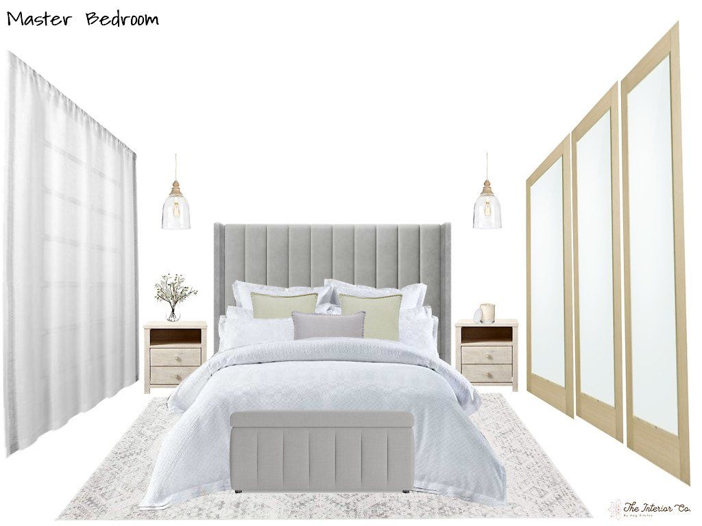 A bedroom with a bed , nightstands , and a rug.