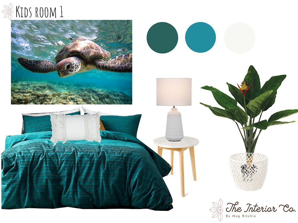 There is a picture of a sea turtle on the wall above the bed.