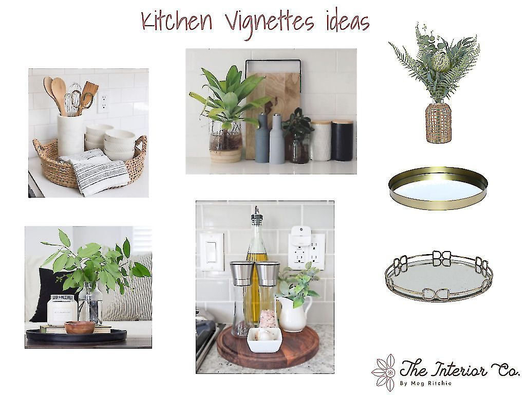 A collage of pictures of kitchen vignettes ideas