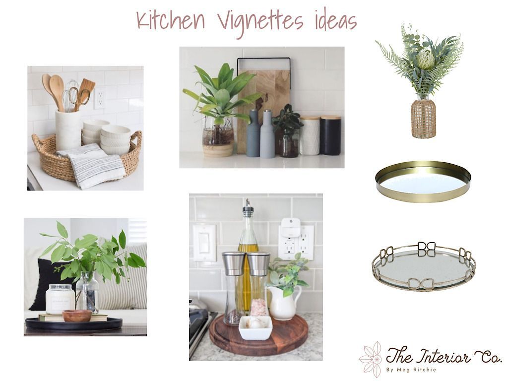 A collage of pictures of kitchen vignettes ideas