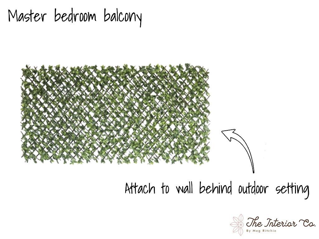 A drawing of a master bedroom balcony with a green fence attached to it.