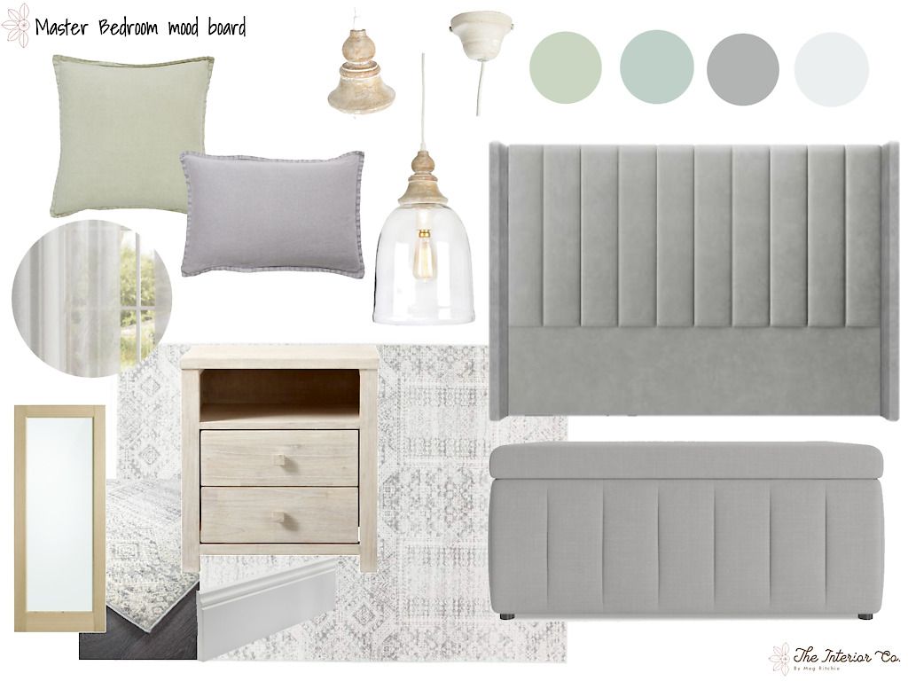 A collage of furniture and decorations for a bedroom