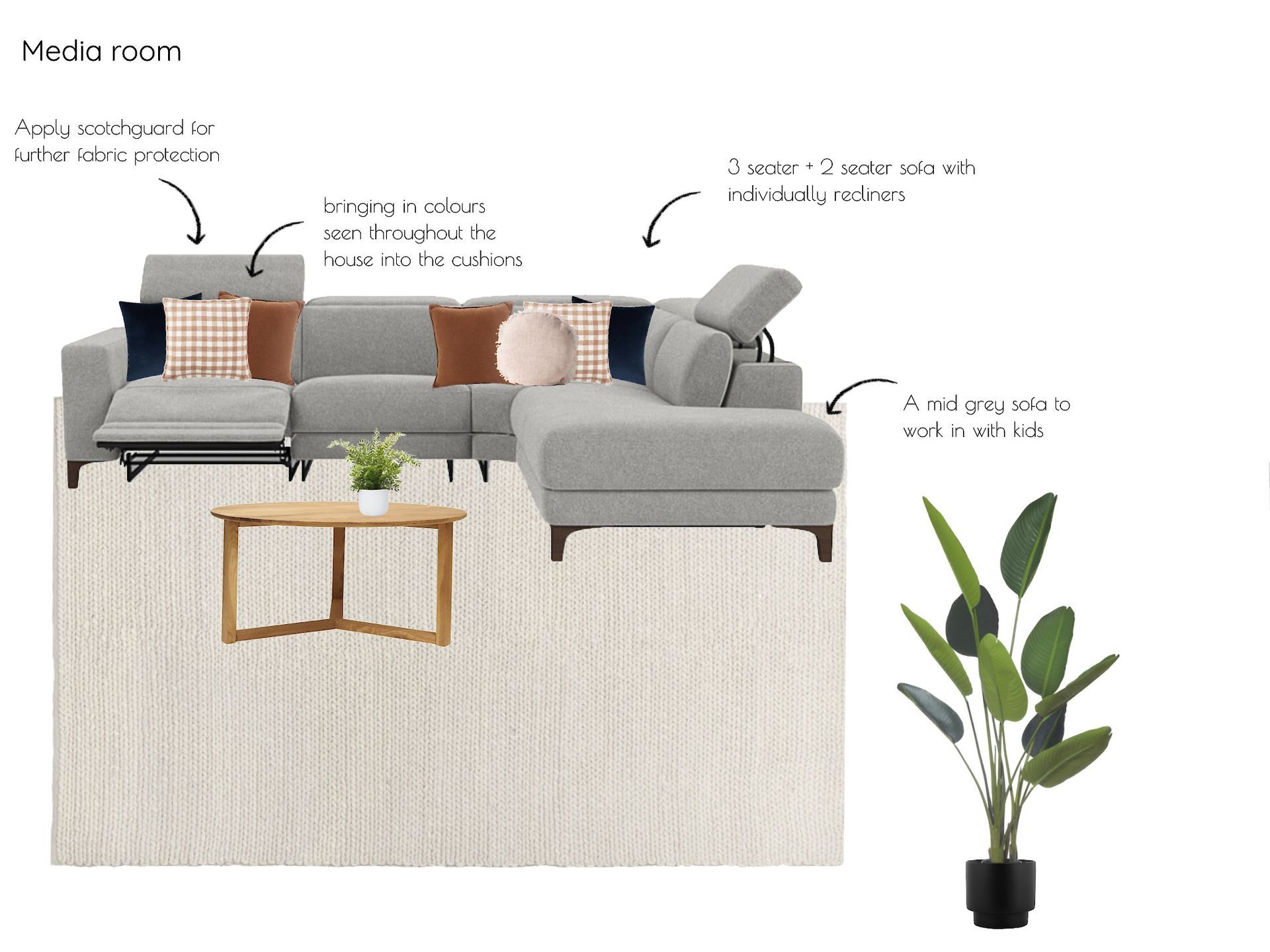 A living room with a couch , table , and plant.