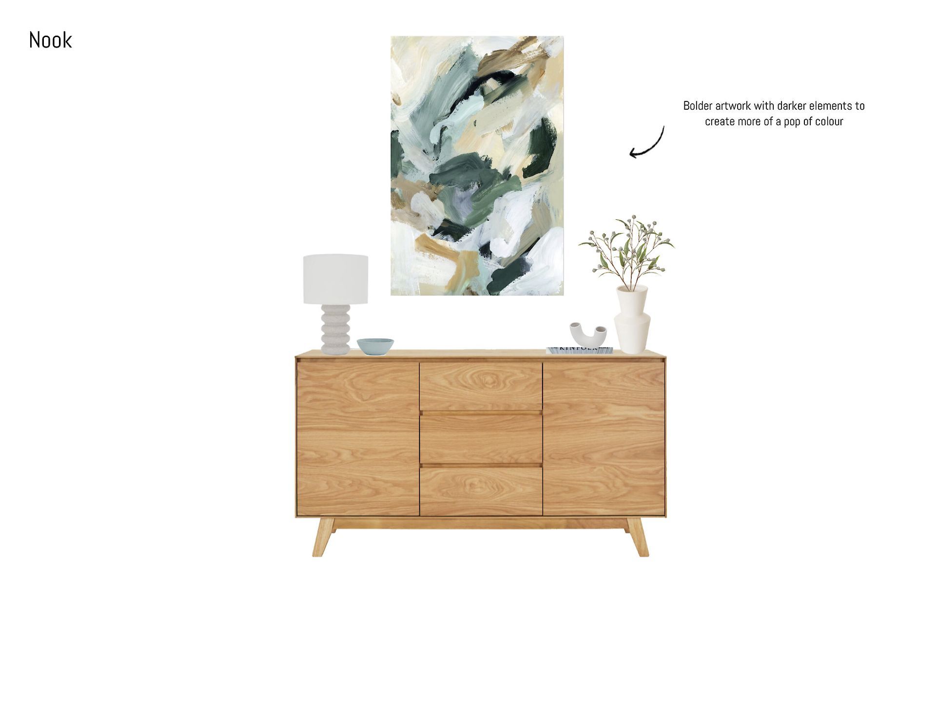 A wooden dresser with a painting on the wall above it.