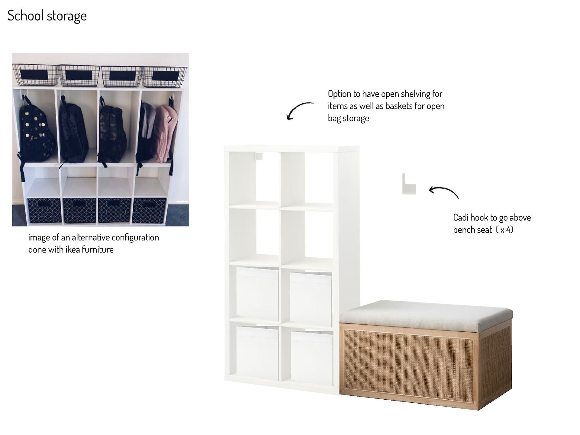 A picture of a school locker and a picture of a wicker bench.