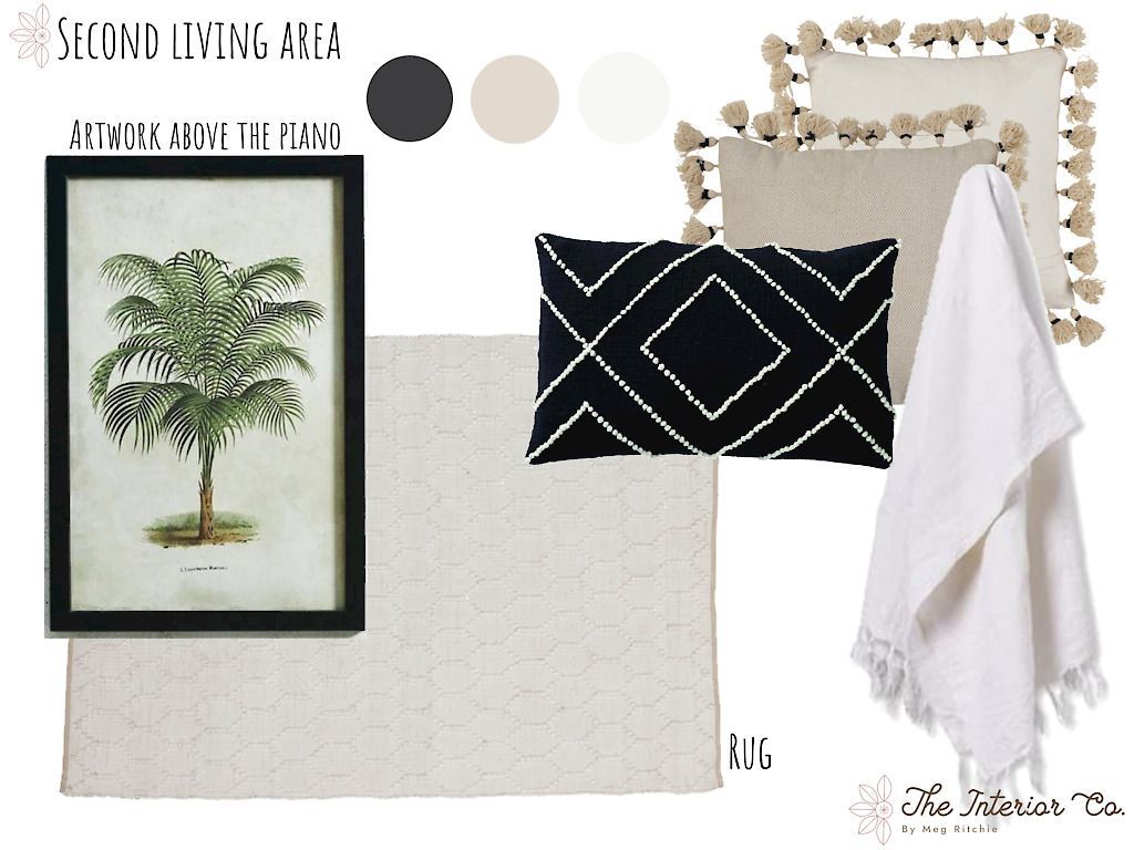 A collage of pillows and a picture of a palm tree