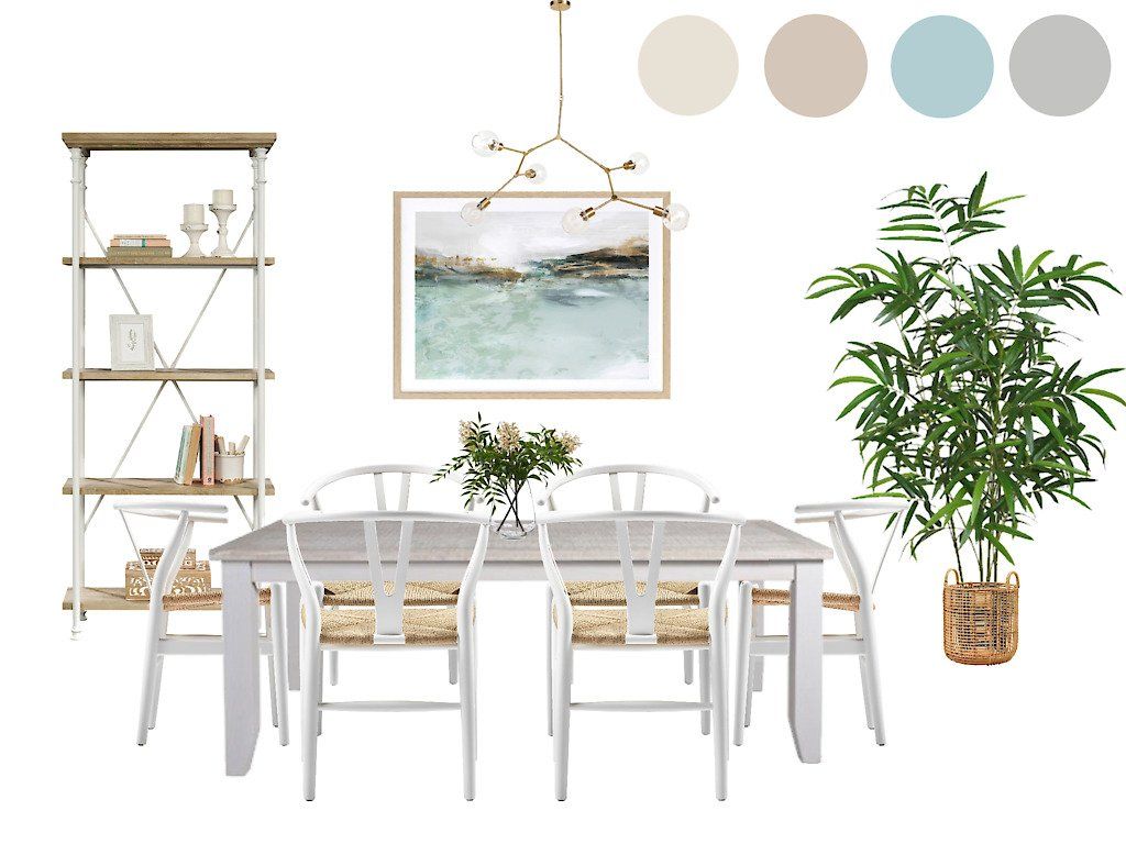 A dining room with a table and chairs and a plant.