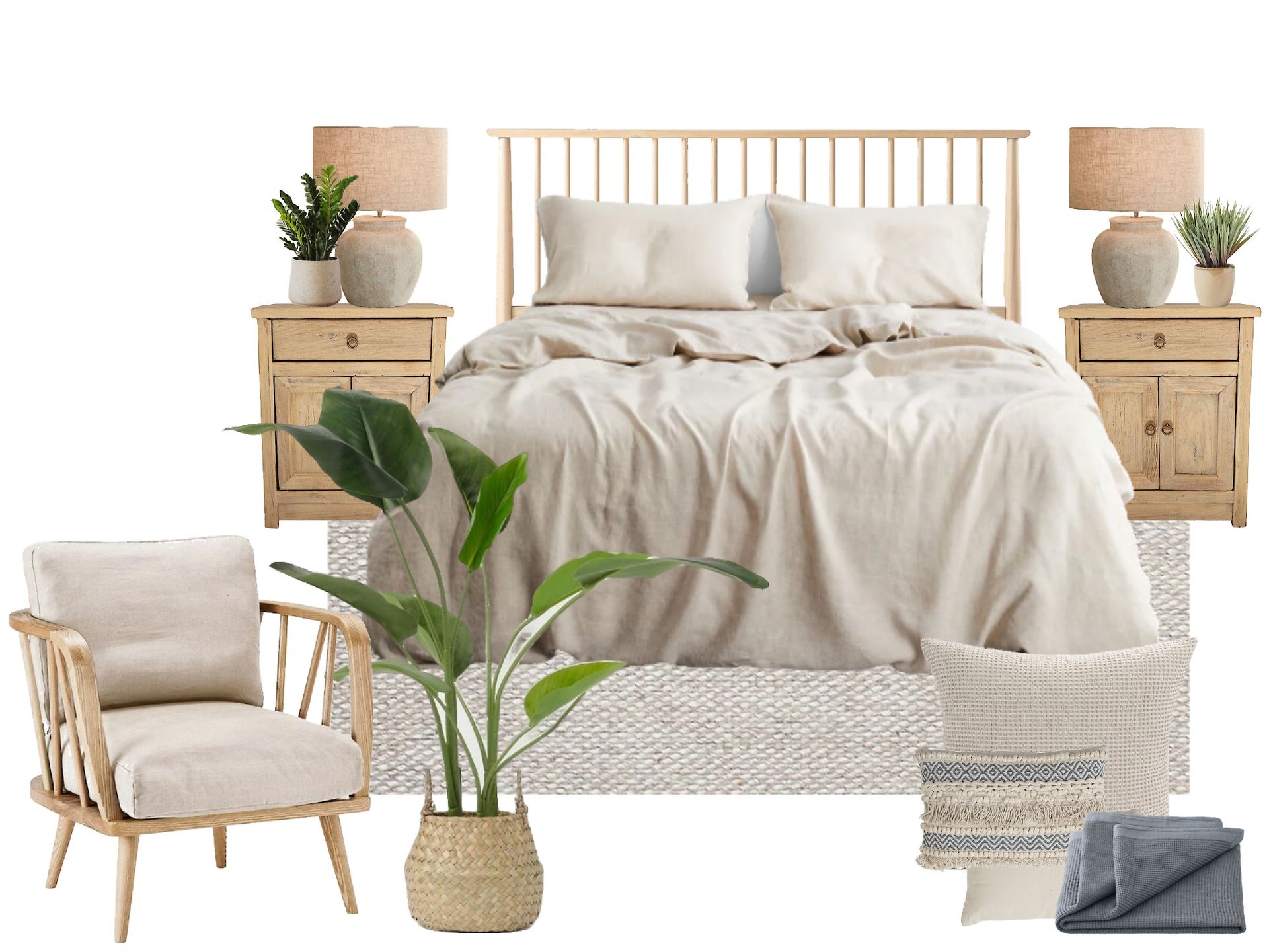 A bedroom with a bed , two nightstands , a chair , and a plant.