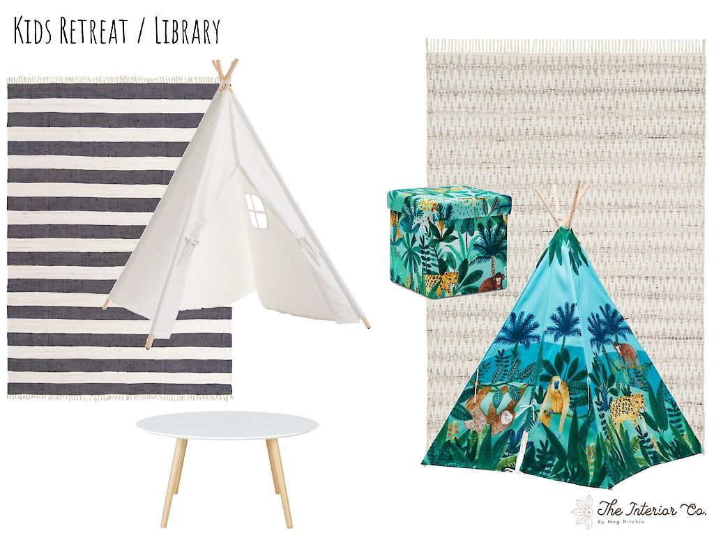 A collage of pictures of a teepee , table , rug , and box.