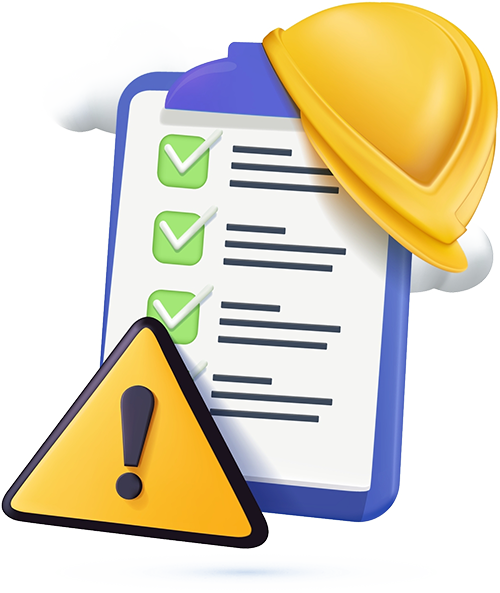 A hard hat is sitting on top of a clipboard next to a warning sign.