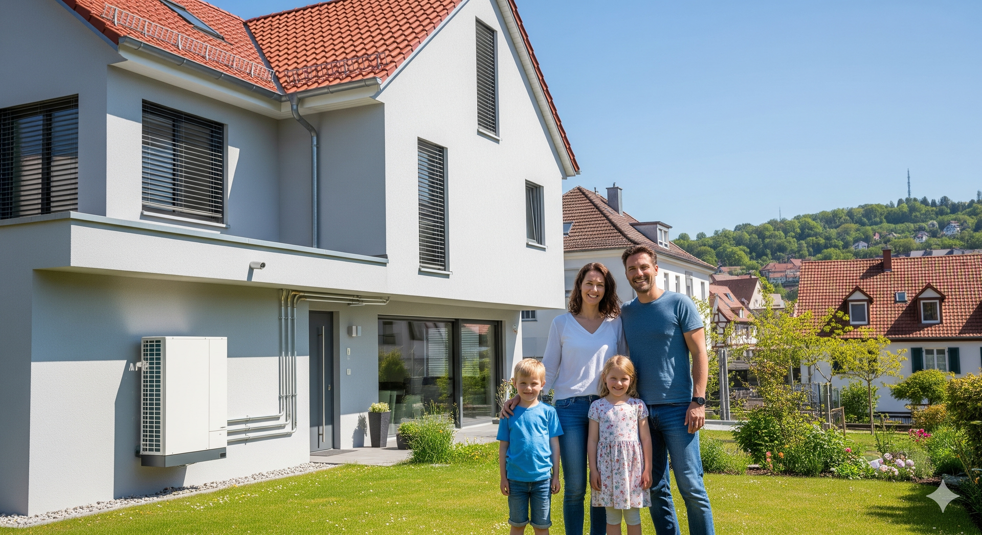 An einem sonnigen Tag steht eine Familie vor einem modernen Haus mit Wärmepumpe.