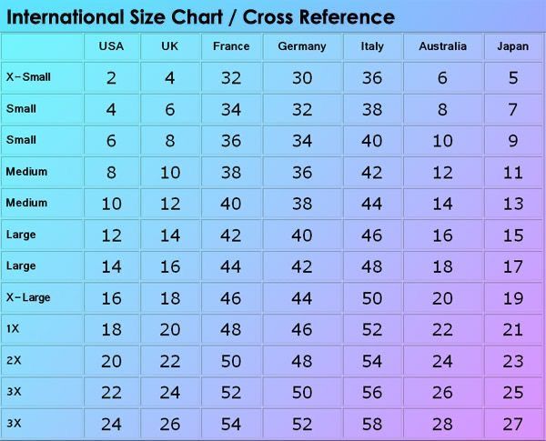 International size chart showing cross-references for clothing sizes in USA, UK, France, Germany, Italy, Australia, and Japan.