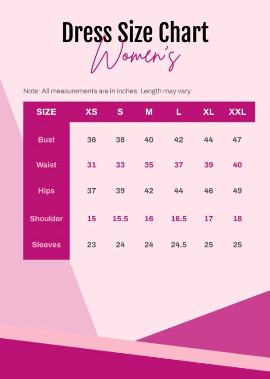 Women's dress size chart on a pink background, with measurements for bust, waist, hips, shoulder and sleeves.