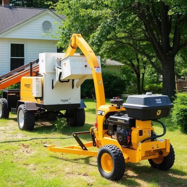 A yellow tractor is parked in front of a white house