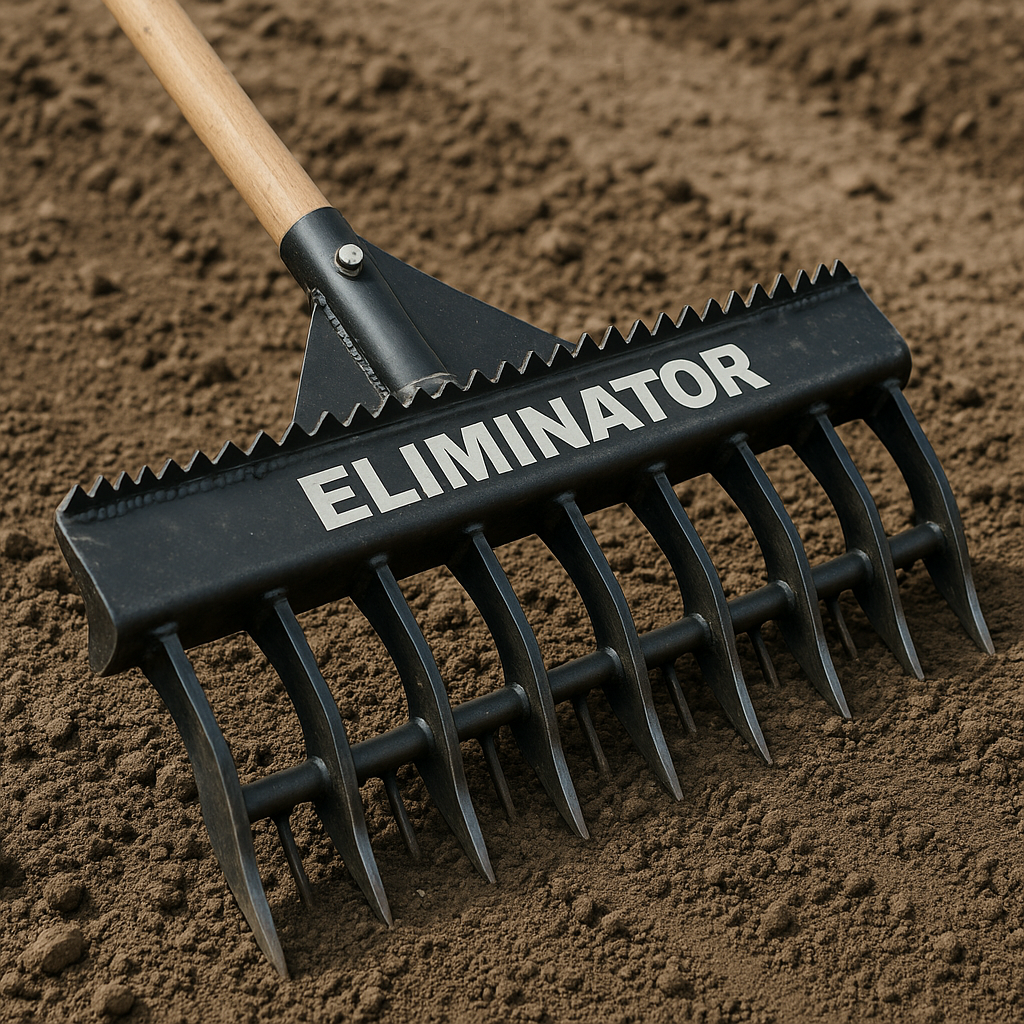 A black rake with the word eliminator on it