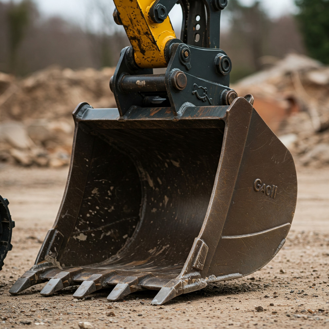 A close up of a excavator bucket that says gmc on it