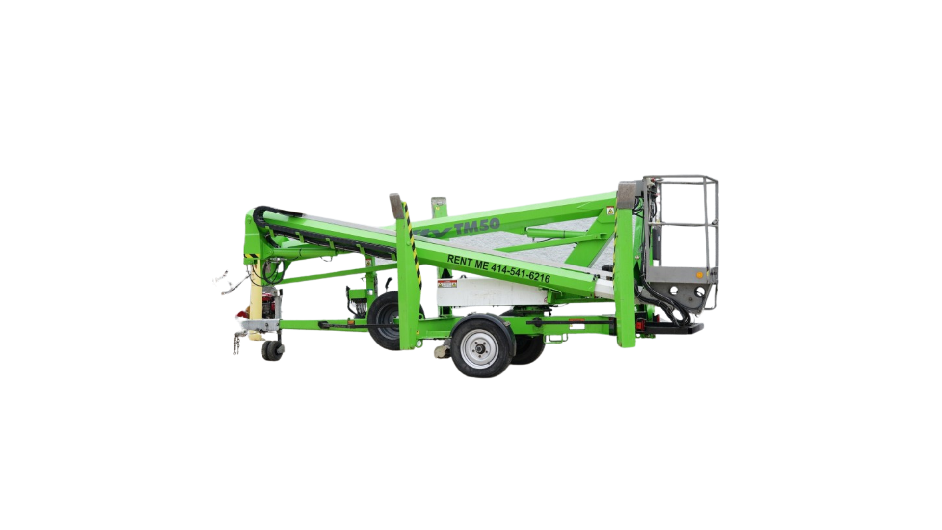 A green aerial lift on a trailer on a white background.