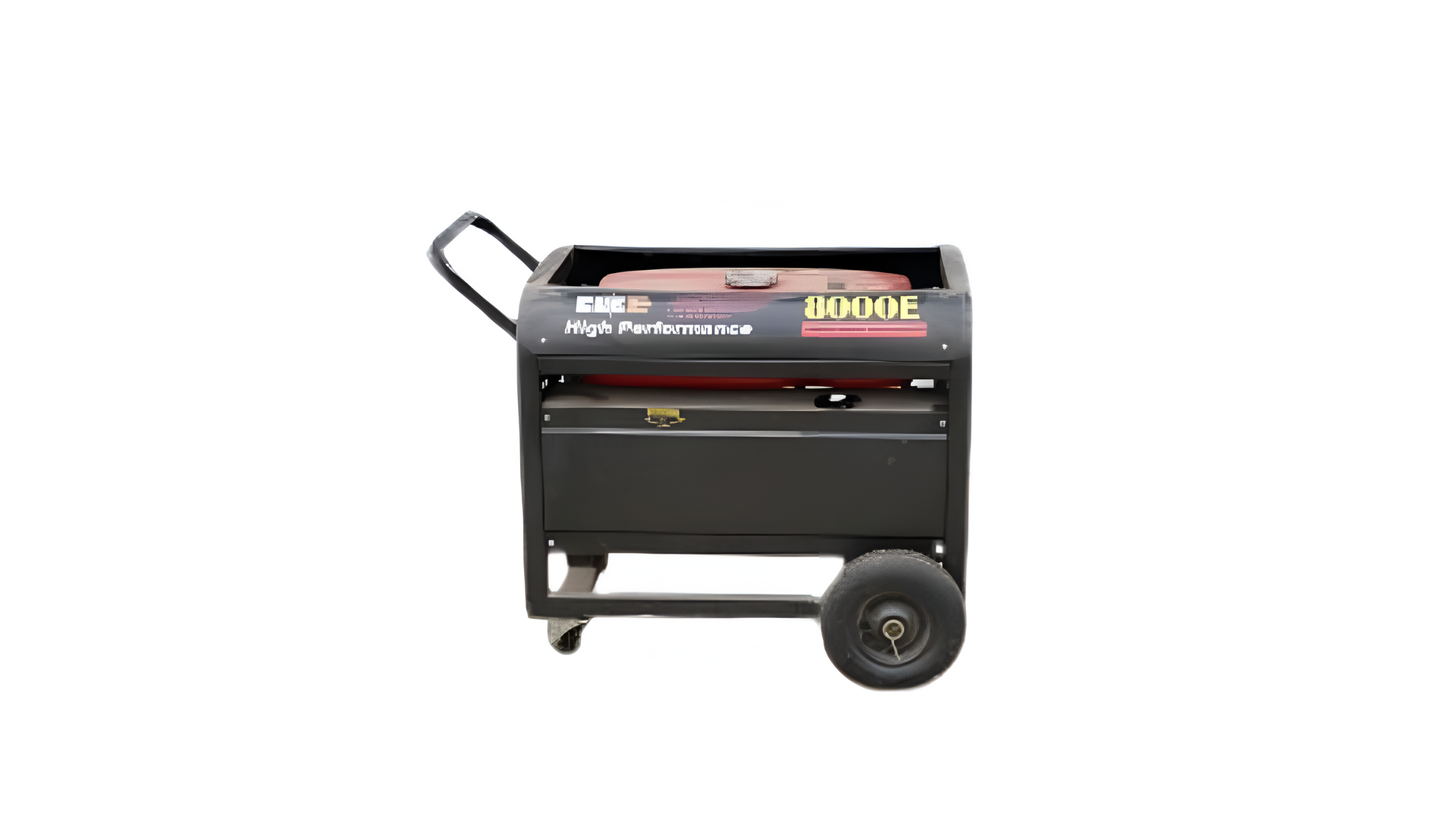 A black generator on wheels on a white background.