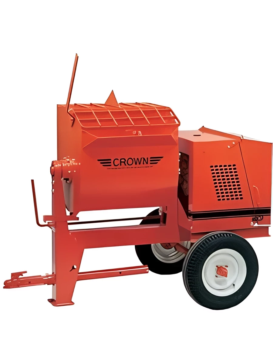 A red crown concrete mixer on wheels on a white background