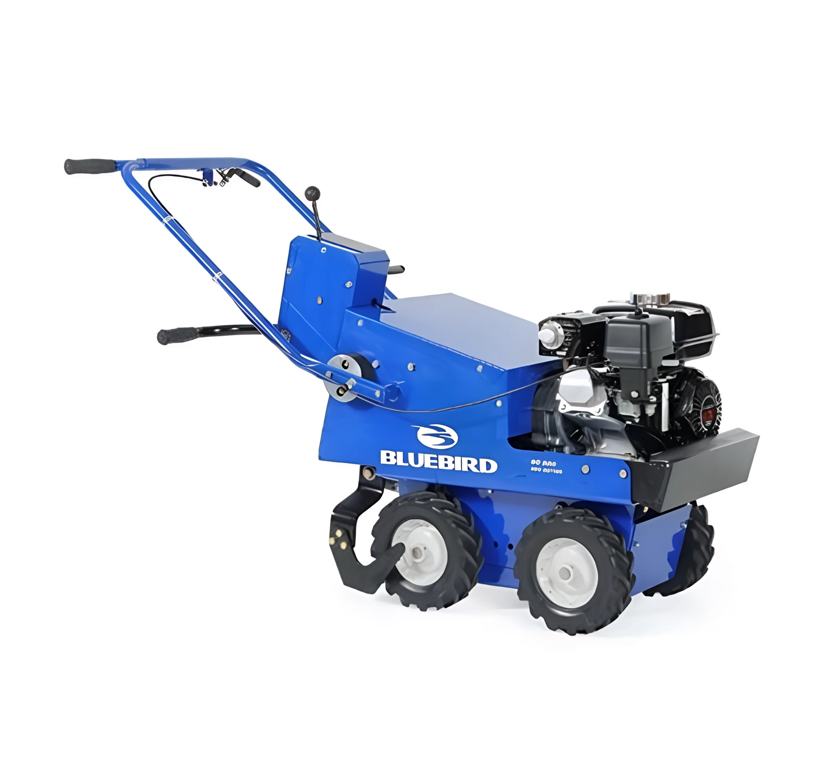 A blue and black lawn mower with a gas engine on a white background.
