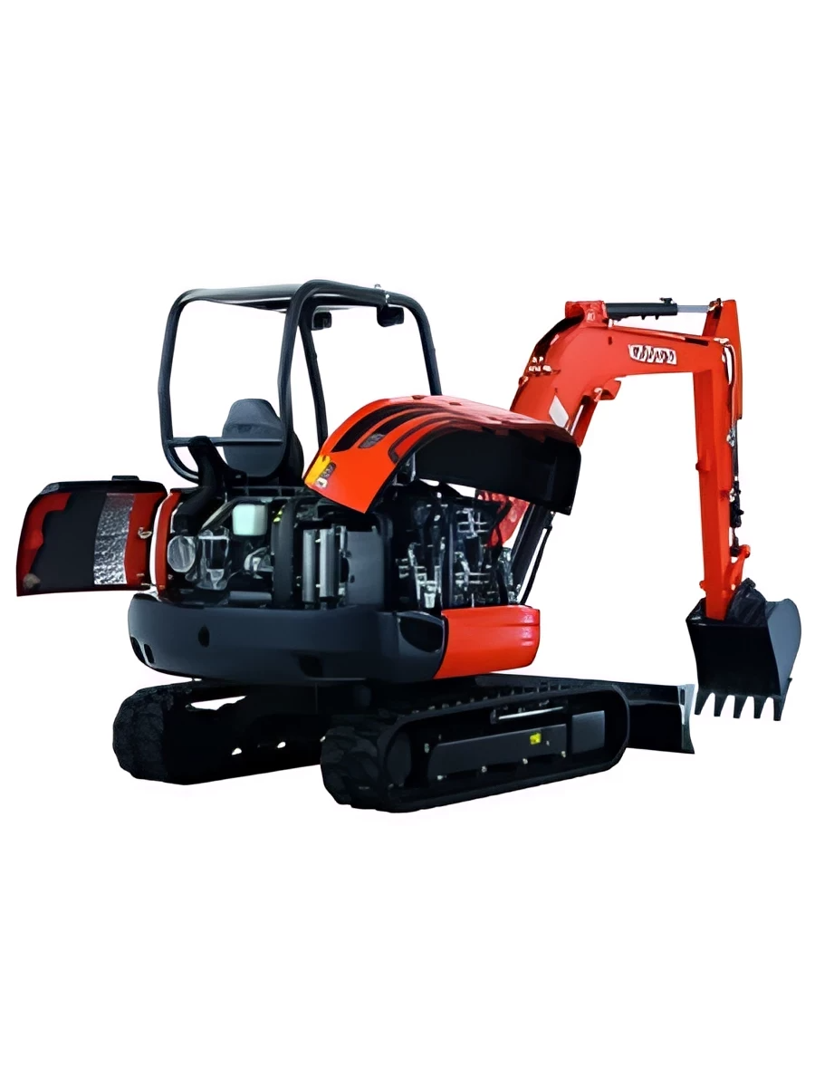 A red and black excavator with its doors open on a white background.