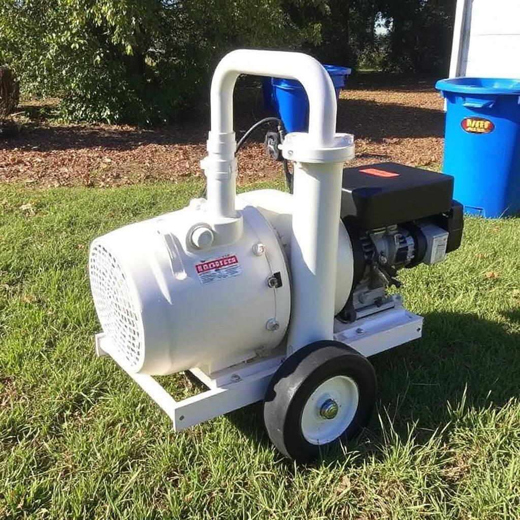 A white machine with wheels is sitting in the grass.
