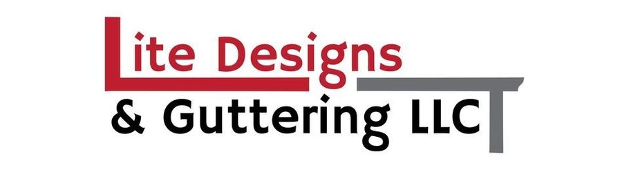 Company logo for Lite Designs & Guttering LLC, featuring red and gray text with abstract graphic elements.