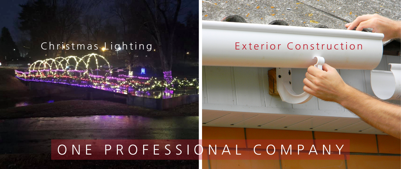 A split image showing Christmas bridge lights on the left and gutter installation on the right.