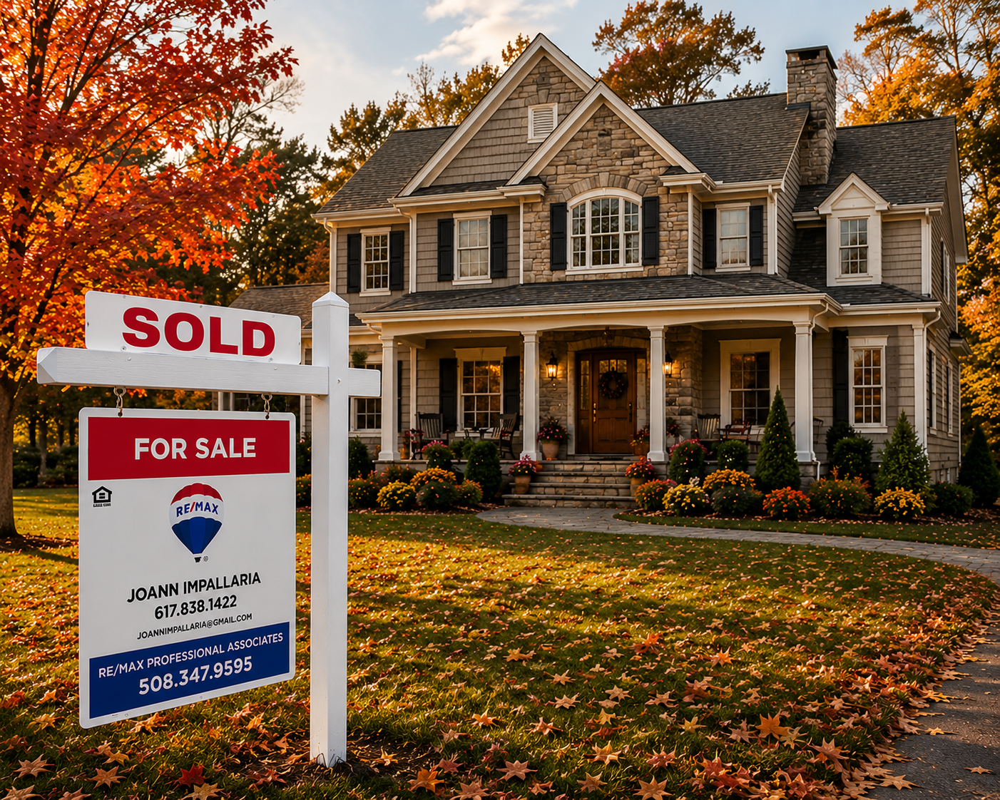 Red for sale sign in front of a suburban house with a green lawn.