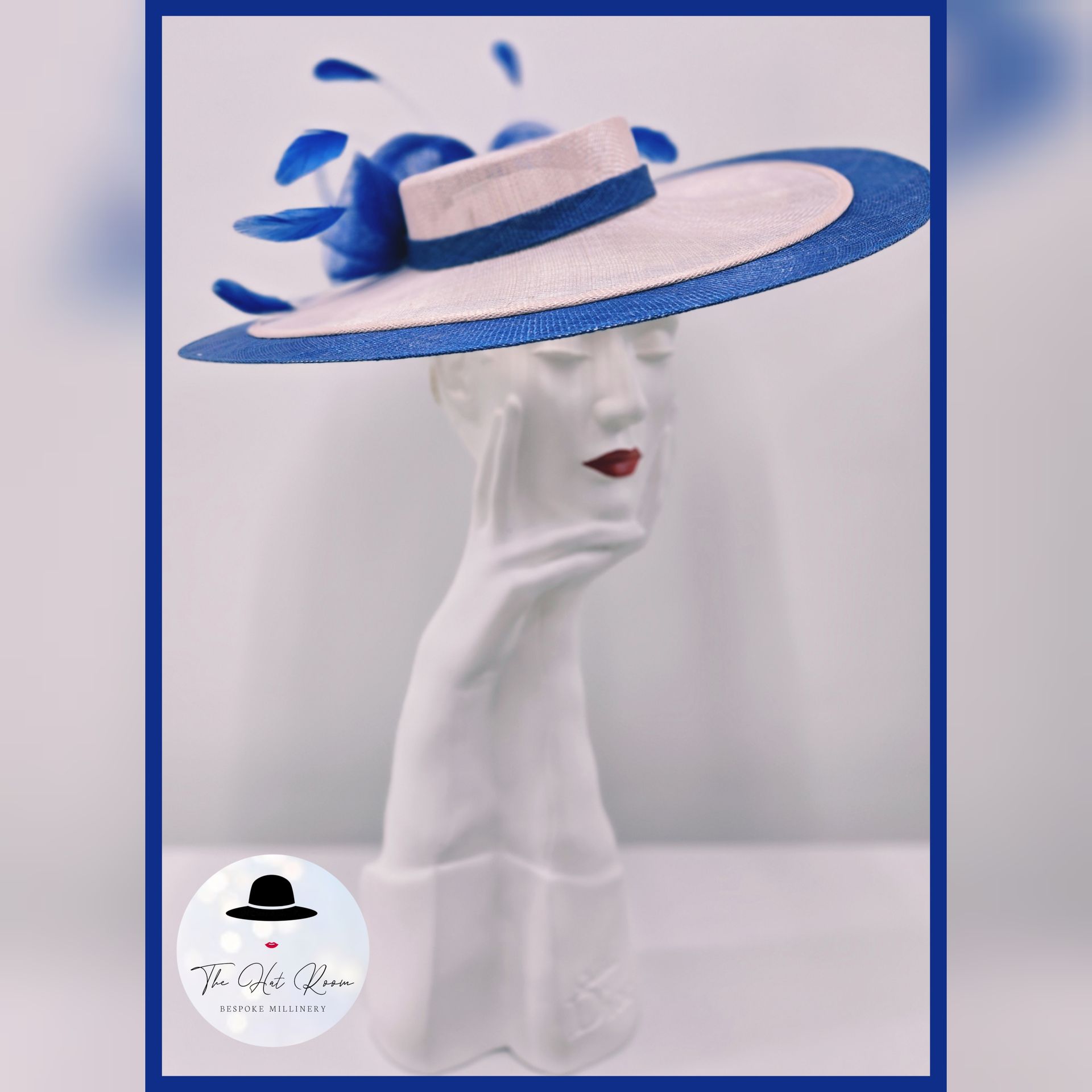 Bi- coloured wide brim boater
feather trim 
mother of the bride 
mother of the groom
 Ascot
 ladies day
 wedding