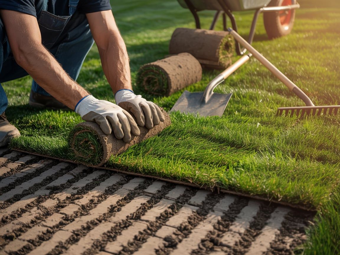 Man laying sod in a sunny yard. Tools and rolled sod visible.
