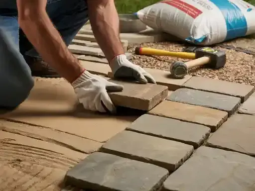 Person in gloves laying paving stones outdoors. A hammer and bag of material are nearby.