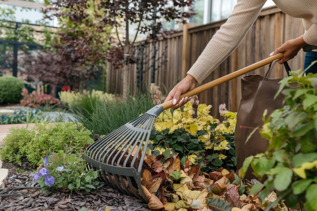 A woman is raking leaves in a garden with a rake.