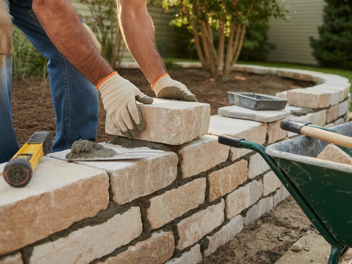 Person building a retaining wall with light-colored bricks, using gloves and tools outdoors.
