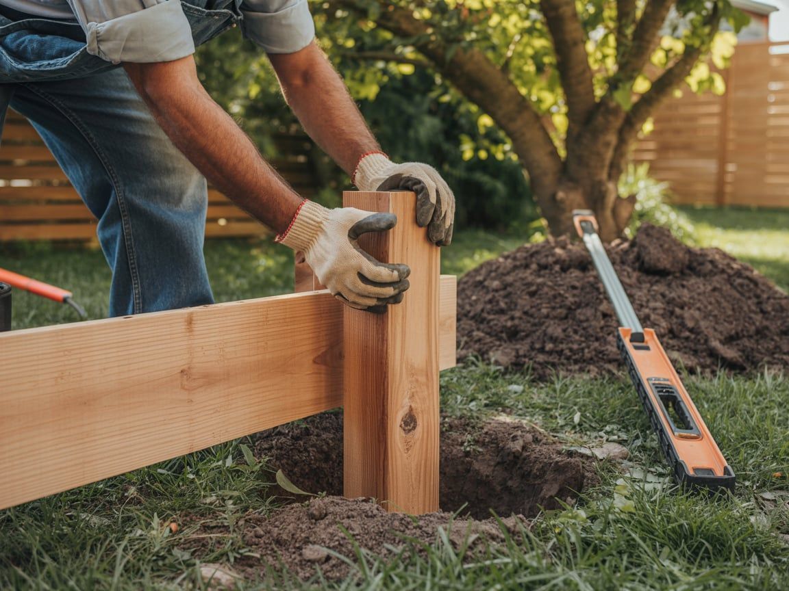 Person wearing gloves assembling wooden fence post in a garden.