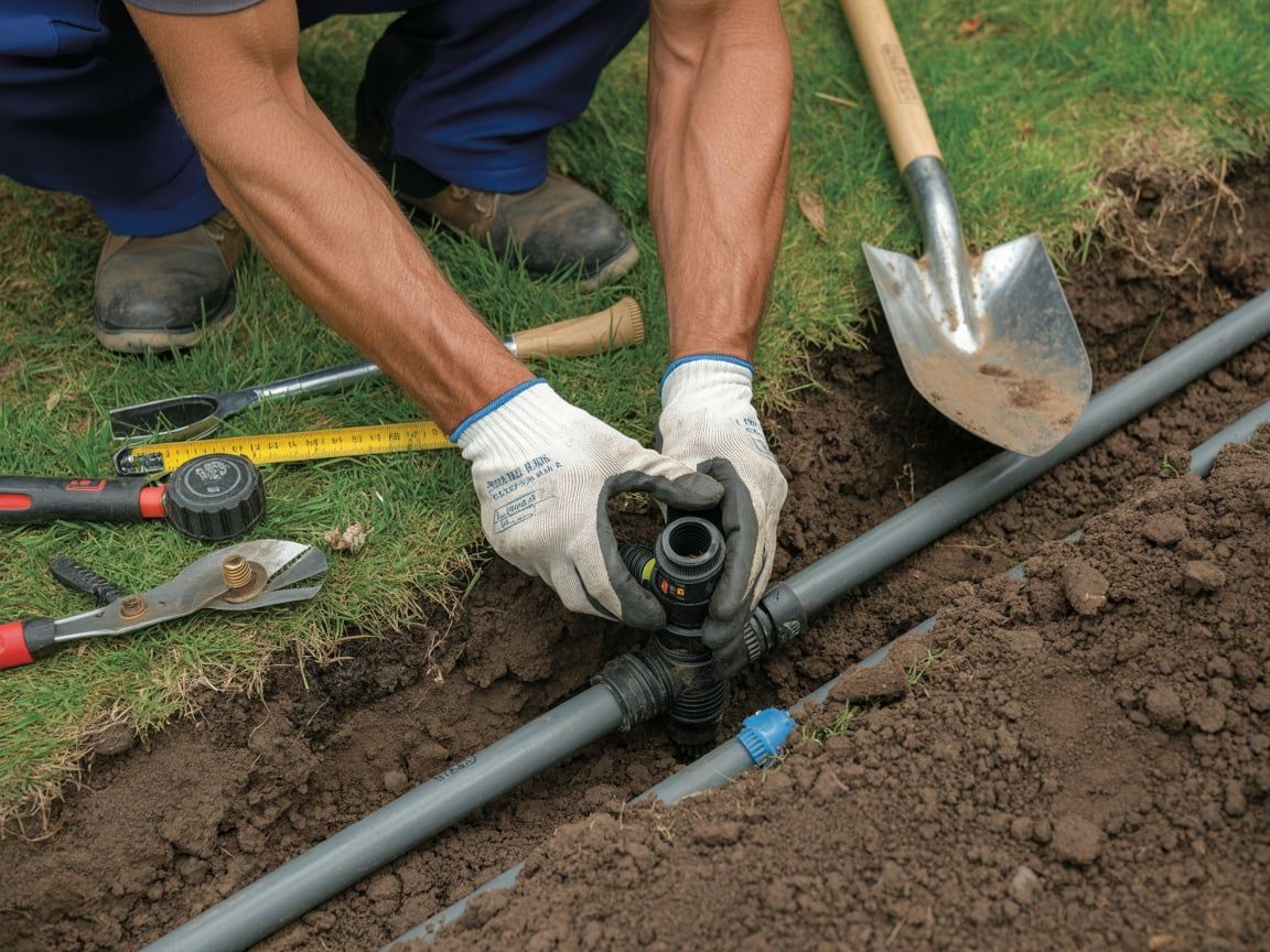 Person in gloves connecting irrigation pipe in a trench, tools and shovel nearby.
