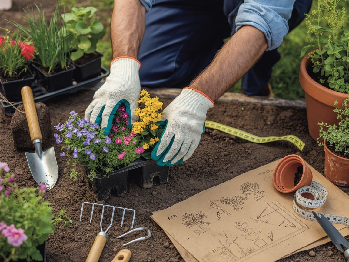 Man planting flowers in a garden, wearing gloves. Tools, potted plants, and a planting plan are visible.