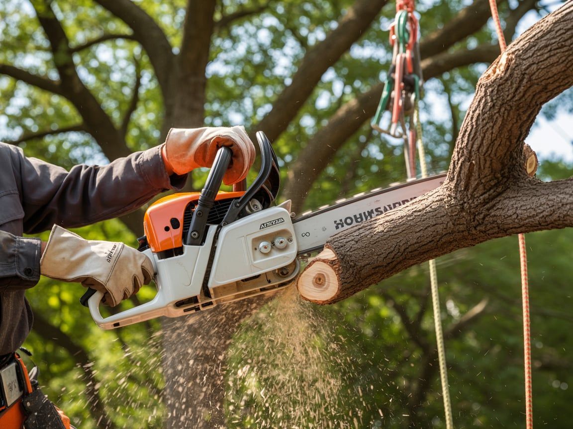 Person using a chainsaw to cut a tree branch. Sawdust flies. They wear gloves and a safety harness.